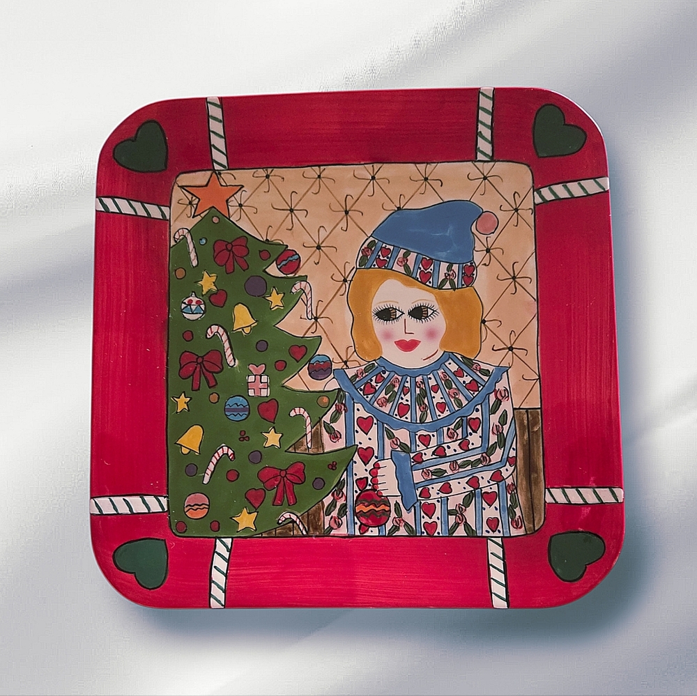 Susan Paley Rare Holiday 8x8 Square Plate GANZ BELLA CASA Tree Trimmer